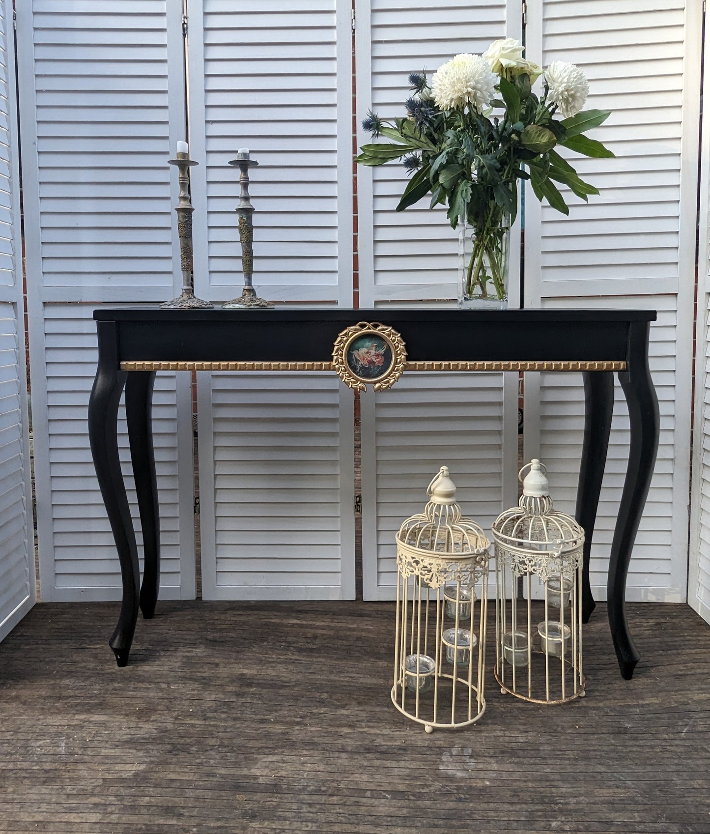 French style carved wooden desk, black finish, wooden desk, console, carved desk, gold ornaments