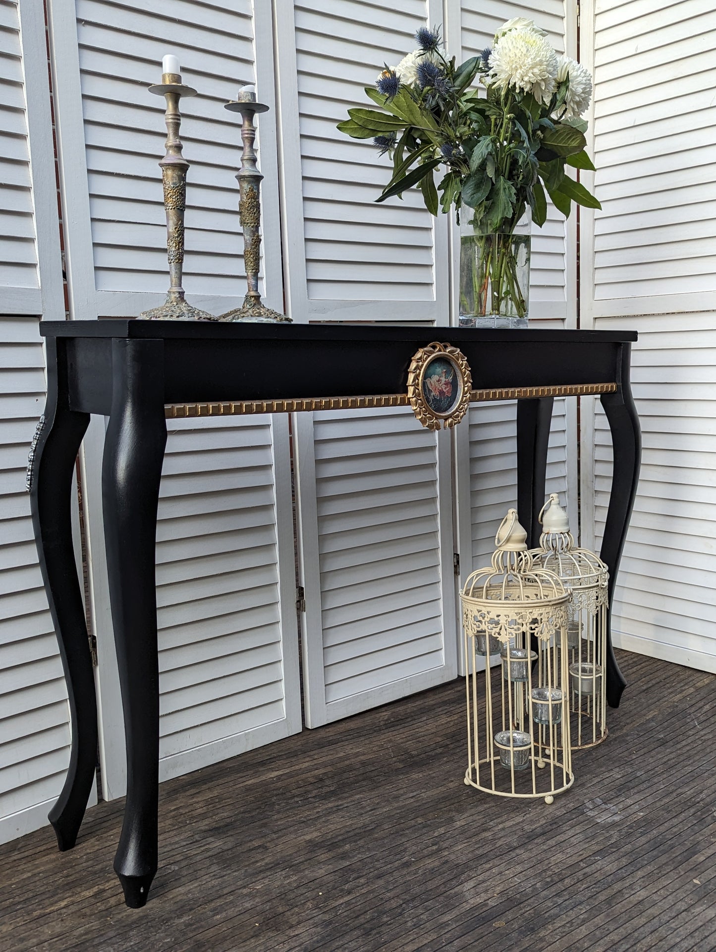 French style carved wooden desk, black finish, wooden desk, console, carved desk, gold ornaments