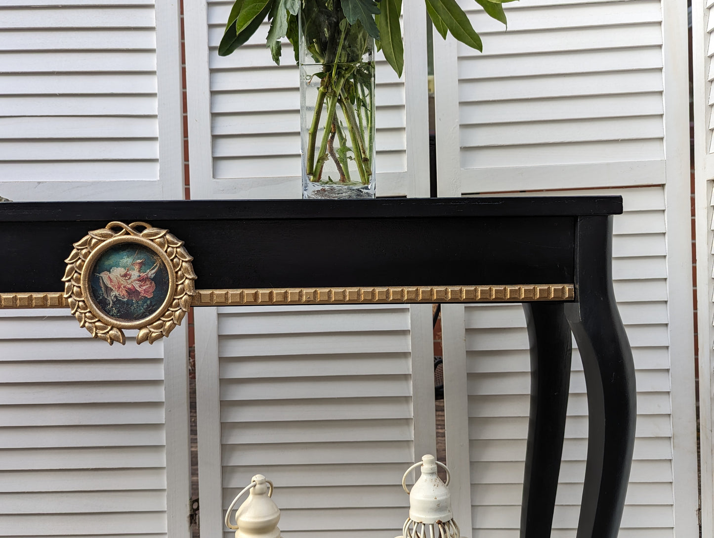 French style carved wooden desk, black finish, wooden desk, console, carved desk, gold ornaments