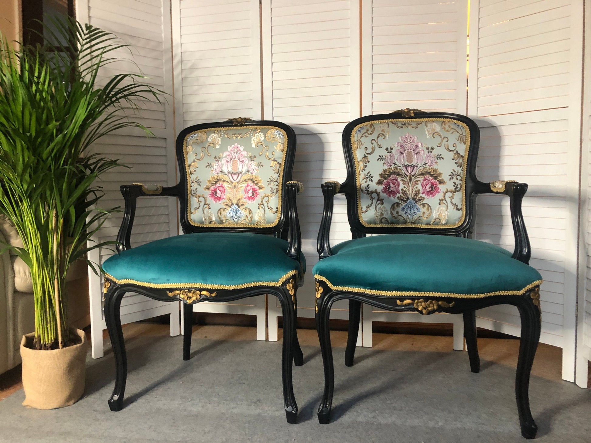 Vintage Chair. French & Flower. Beauty Brocade Fabric Damask Jacquard Embossed. Plush (velvet) teal. Price for one.