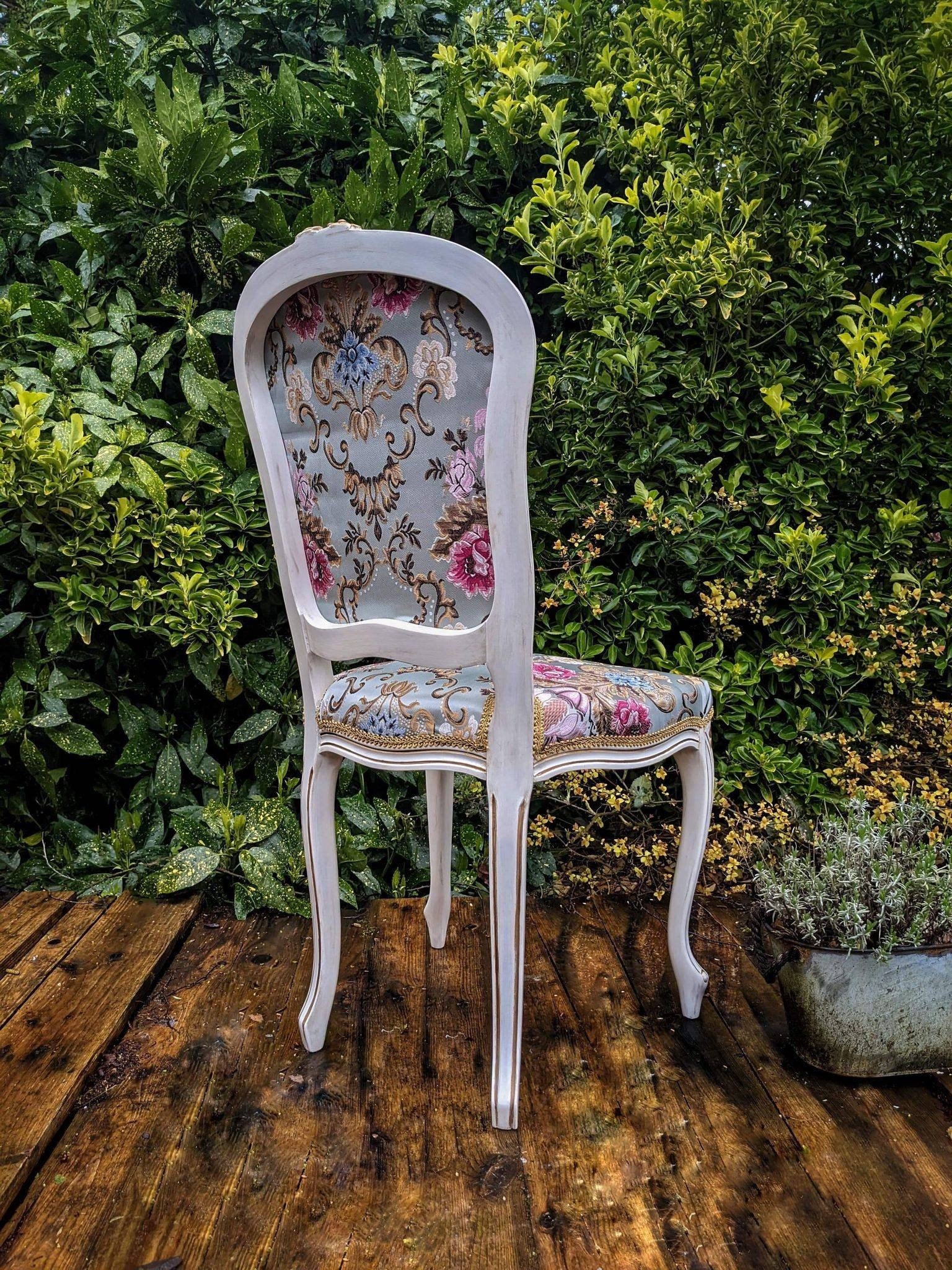 Beautiful, Vintage Chair. French & Flower. Beauty Brocade Fabric Damask Jacquard Embossed. French Style Boudoir Chair. Dining Chairs