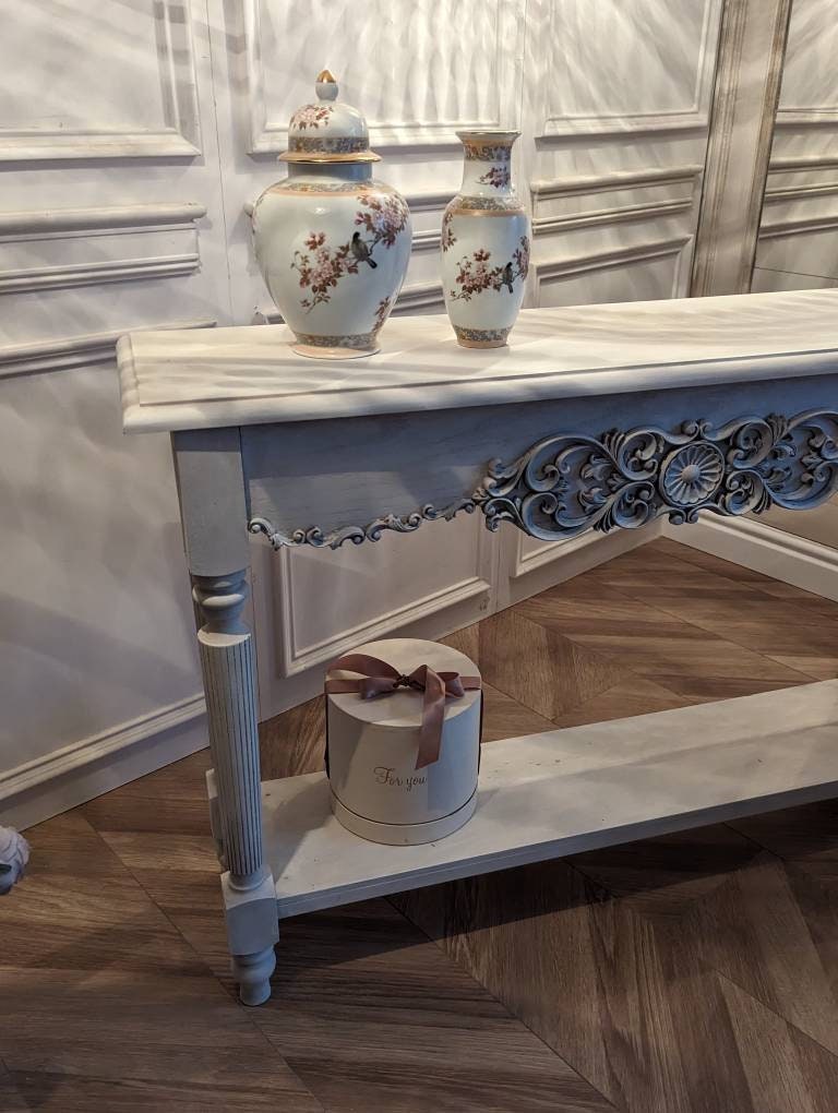 Many sizes. White off color . French style carved wooden console table distress finish, wooden console, carved console, ornaments