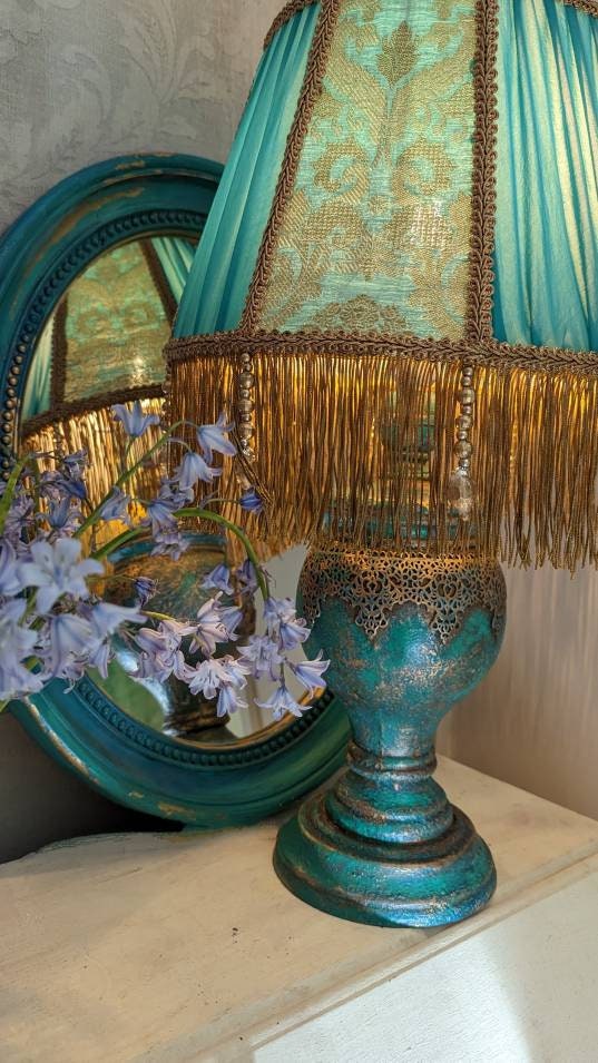 French style lamp with handmade lampshade. Retro style. Unique, classy, . Lampshade. . Teal, turquoise, gold, copper. Vintage lamp.