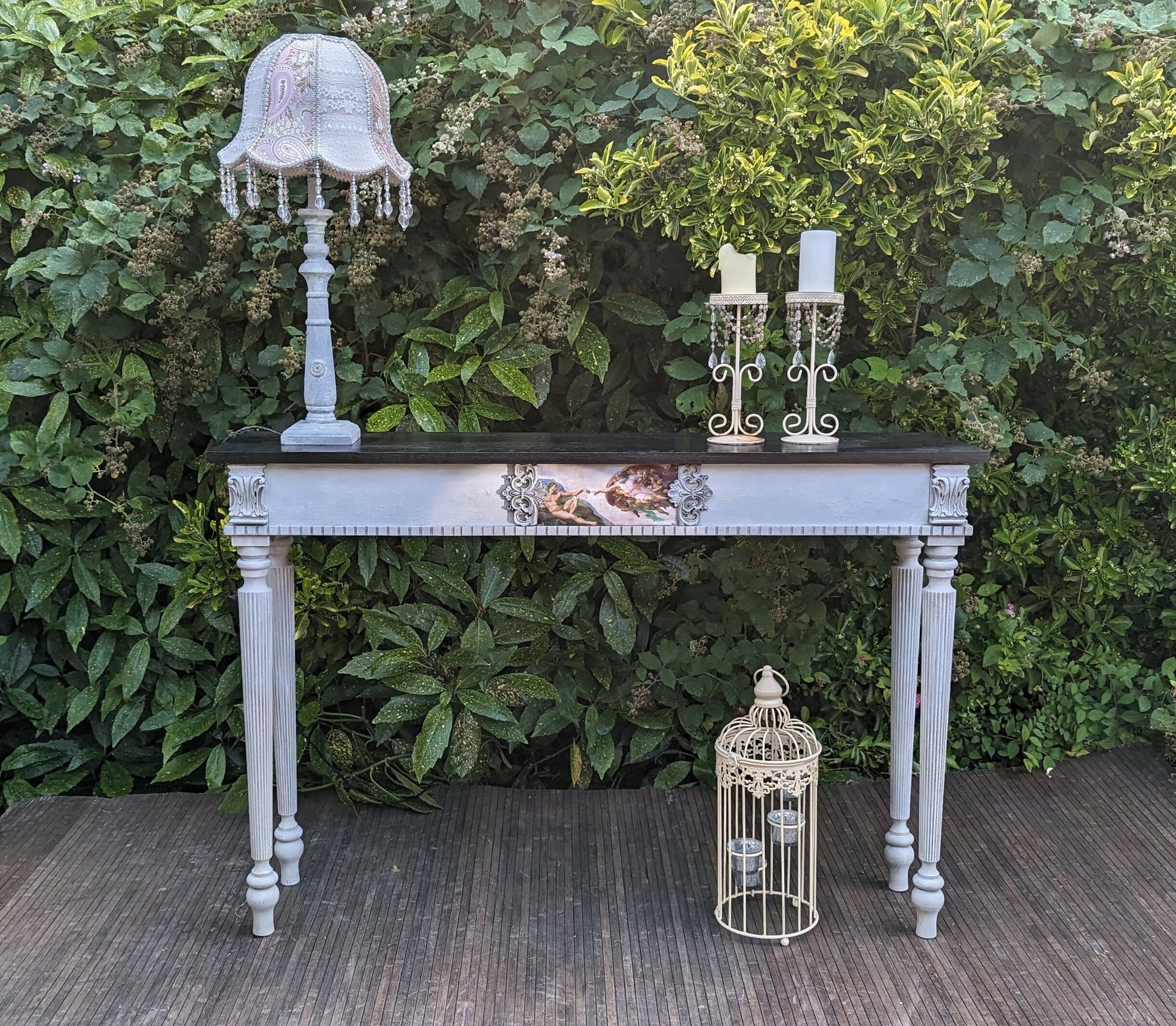 French Vintage style console table distress finish, wooden console, carved, ornaments, grey entry table. Michelangelo "Creation of Adam"