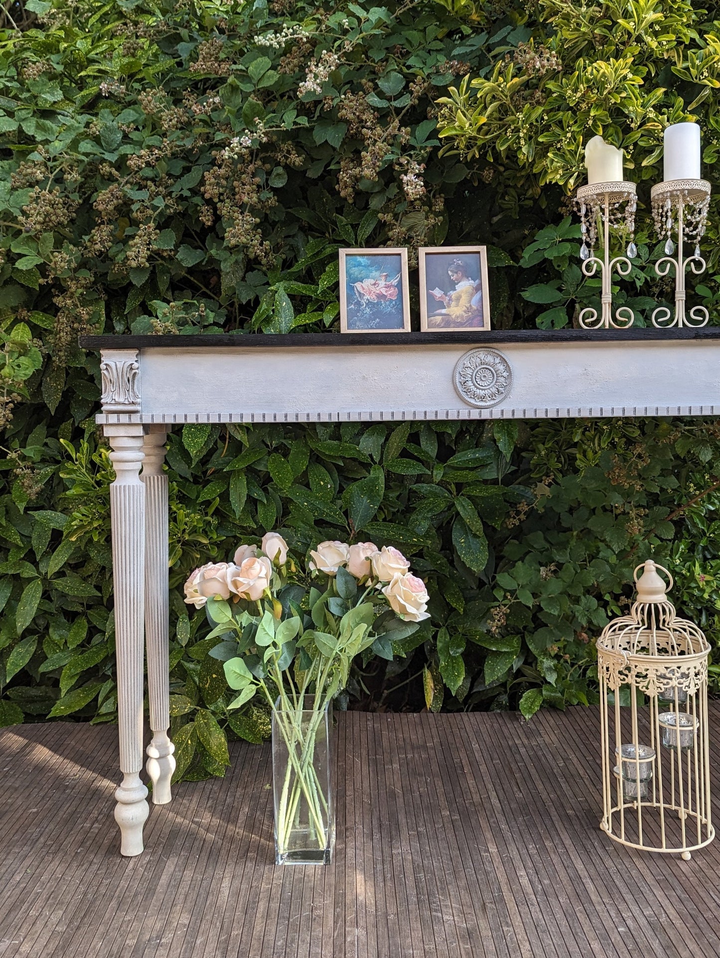 French Vintage style wooden console table distress finish, wooden console, carved console, ornaments, grey entry table