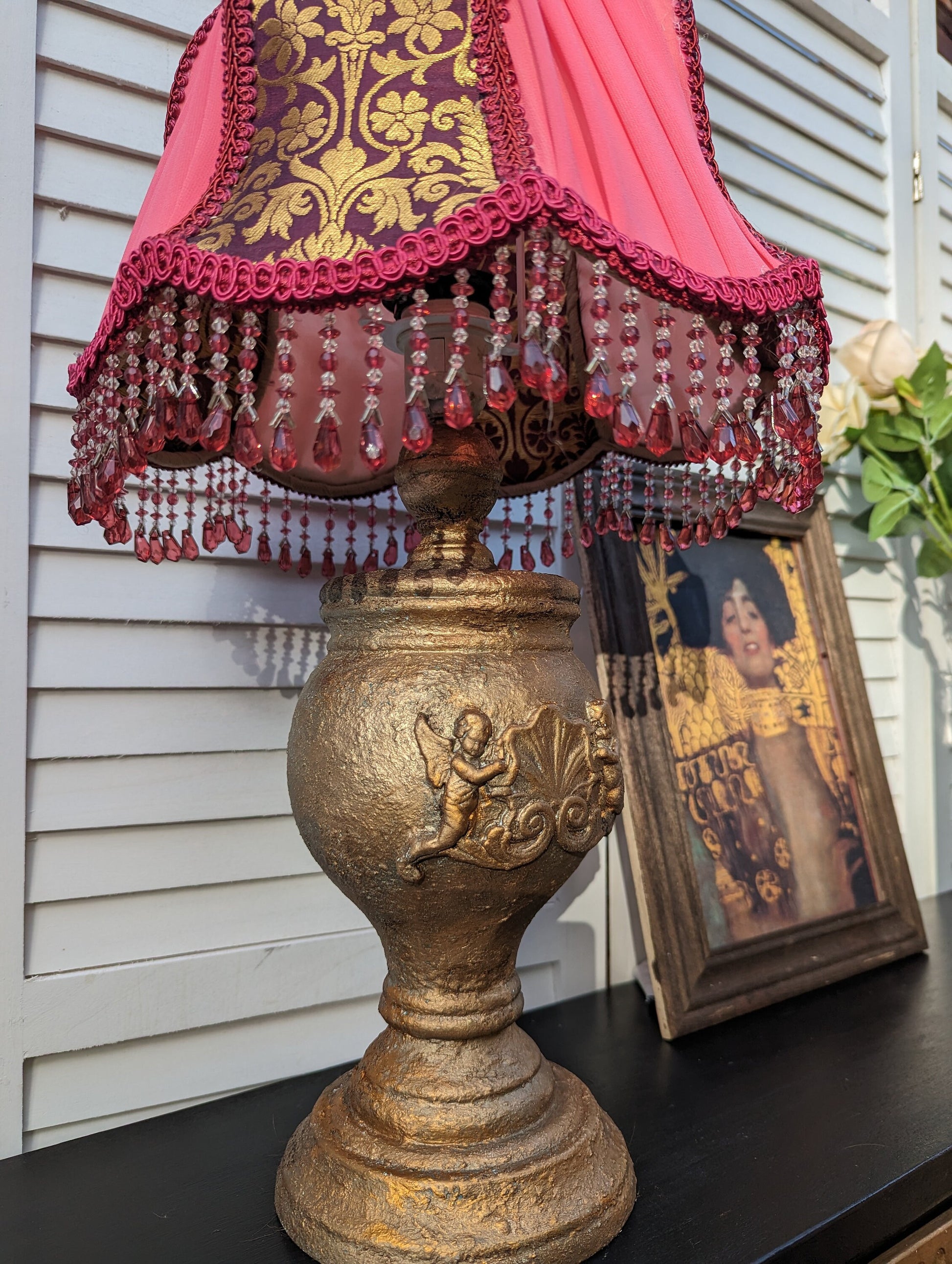 Beautiful Gold French style lamp with handmade lampshade. Retro style. Unique, classy, . Lampshade. . Antique beige. Vintage lamp.