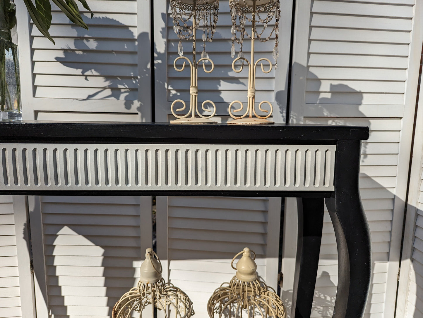 Black and white French style carved wooden console table, narrow table, vintage, vanity, dressing, ornaments, shabby chic style.