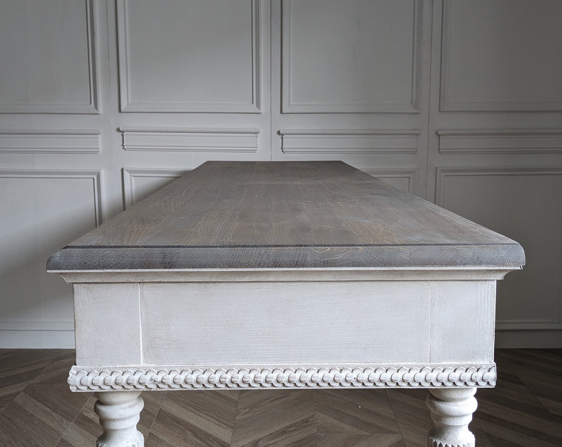 French style carved wooden console table distress finish, White wooden console, carved console, narrow table,