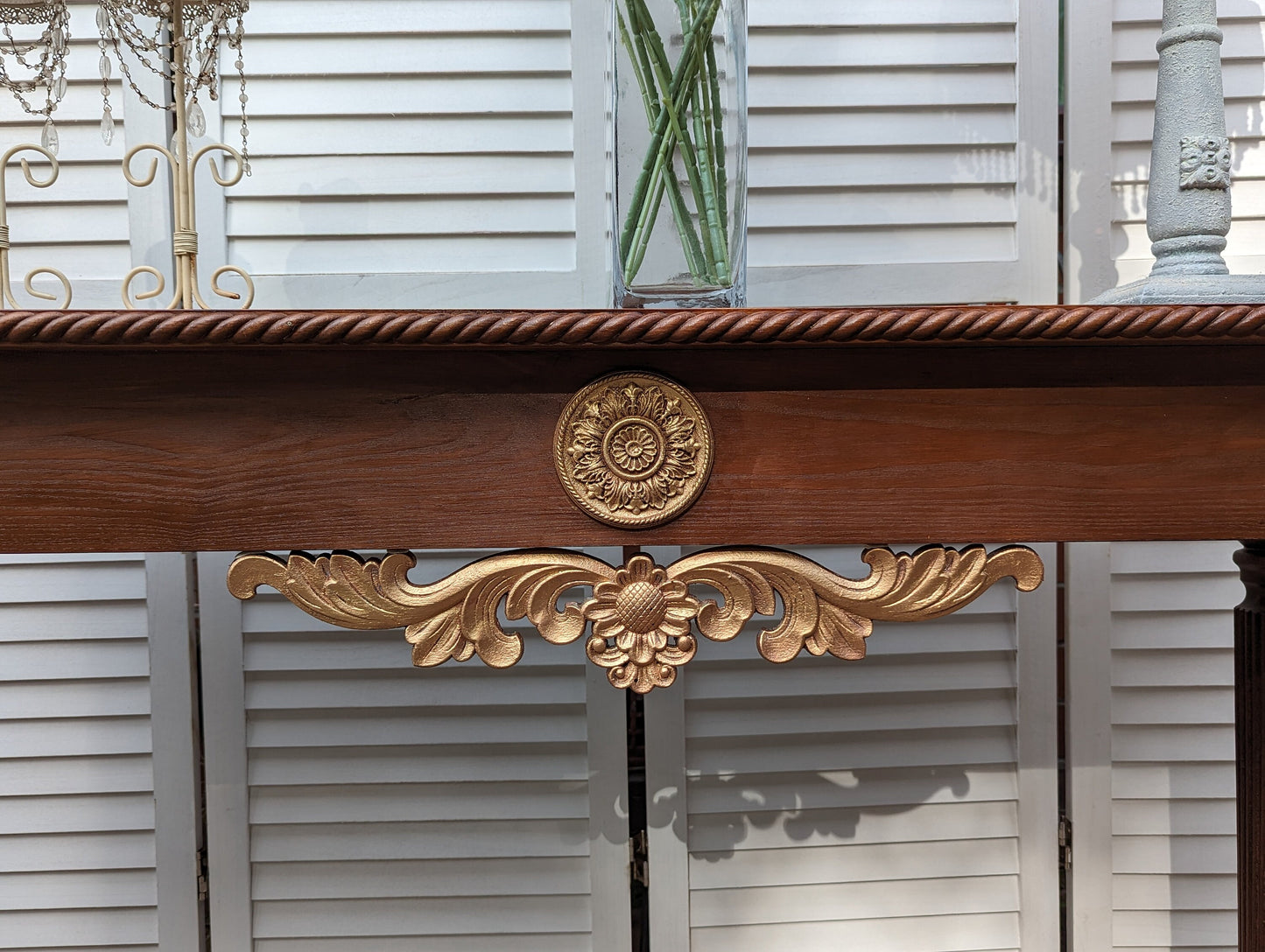 Satin Wood colours Console table French, Vintage style, wooden console table, carved console, gold ornaments. shabby chic,