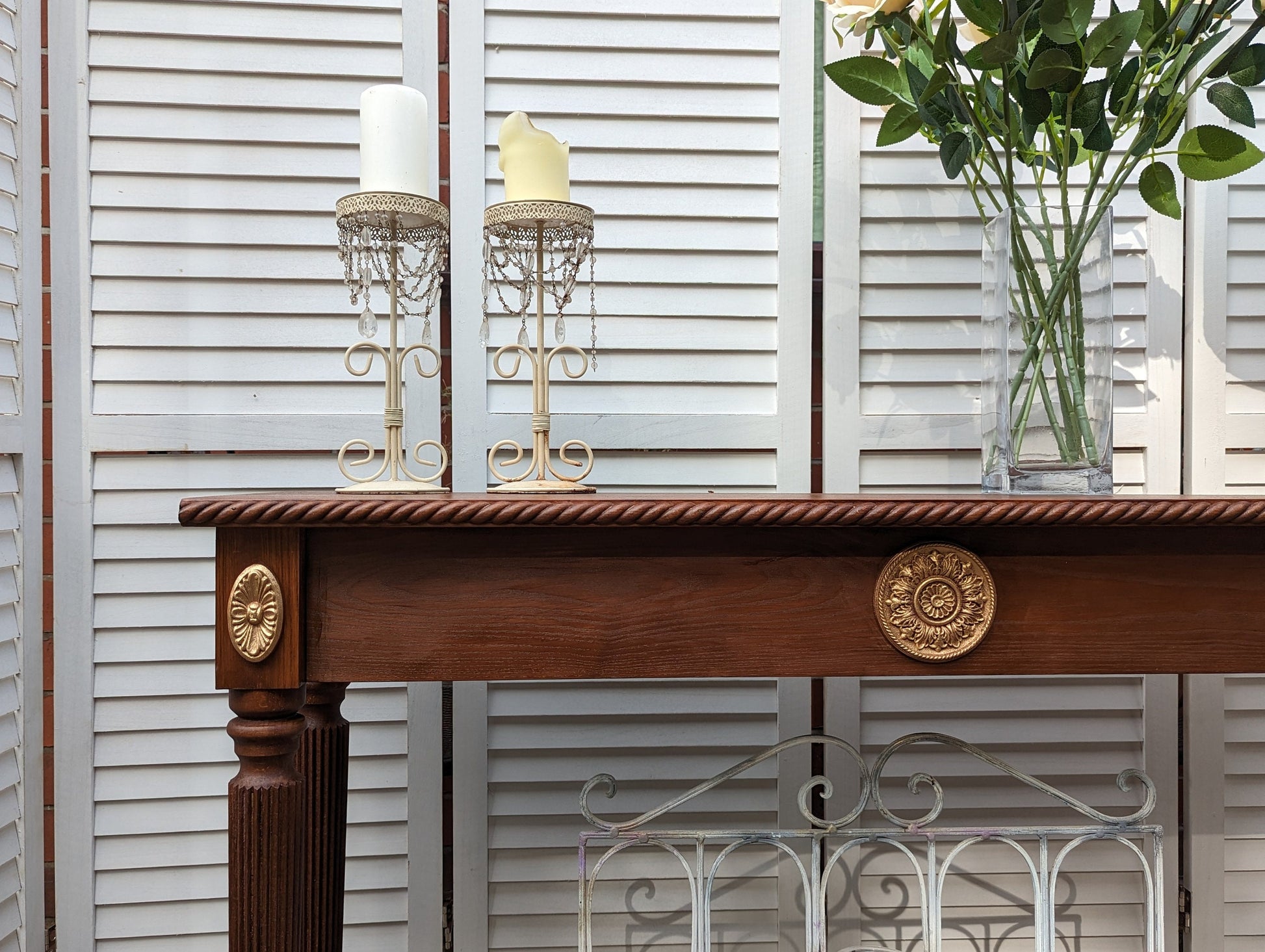 Satin Wood colours table French, Vintage style, wooden console table, narrow table, entry table, gold ornaments. shabby chic