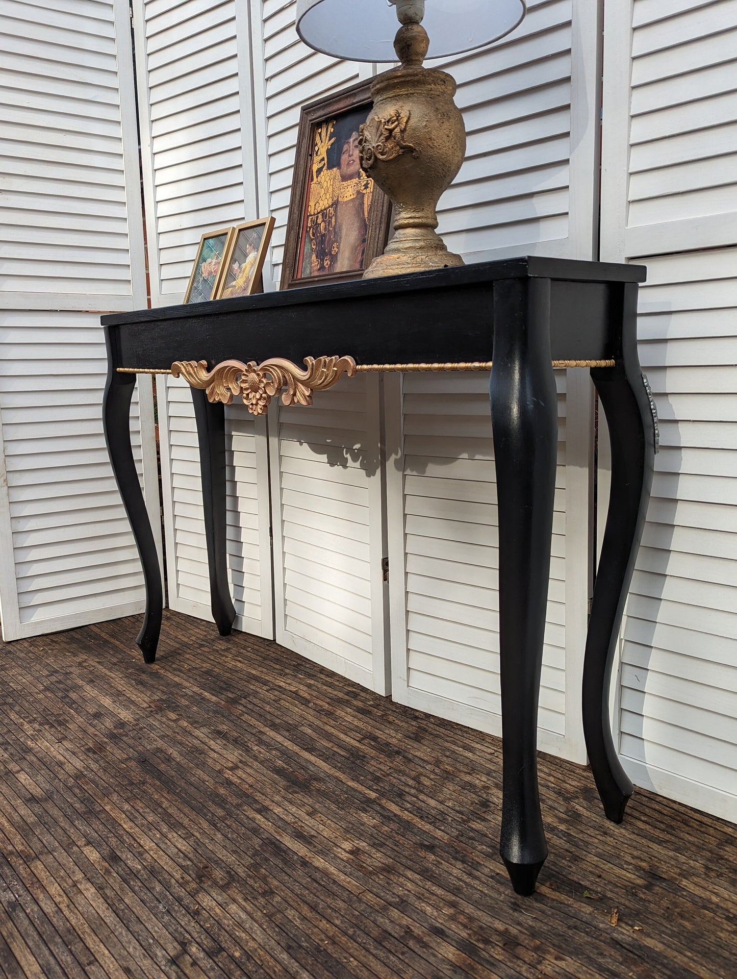 Black with gold ornaments French style carved wooden console table, narrow table, vintage, vanity, dressing, shabby chic etnty table.