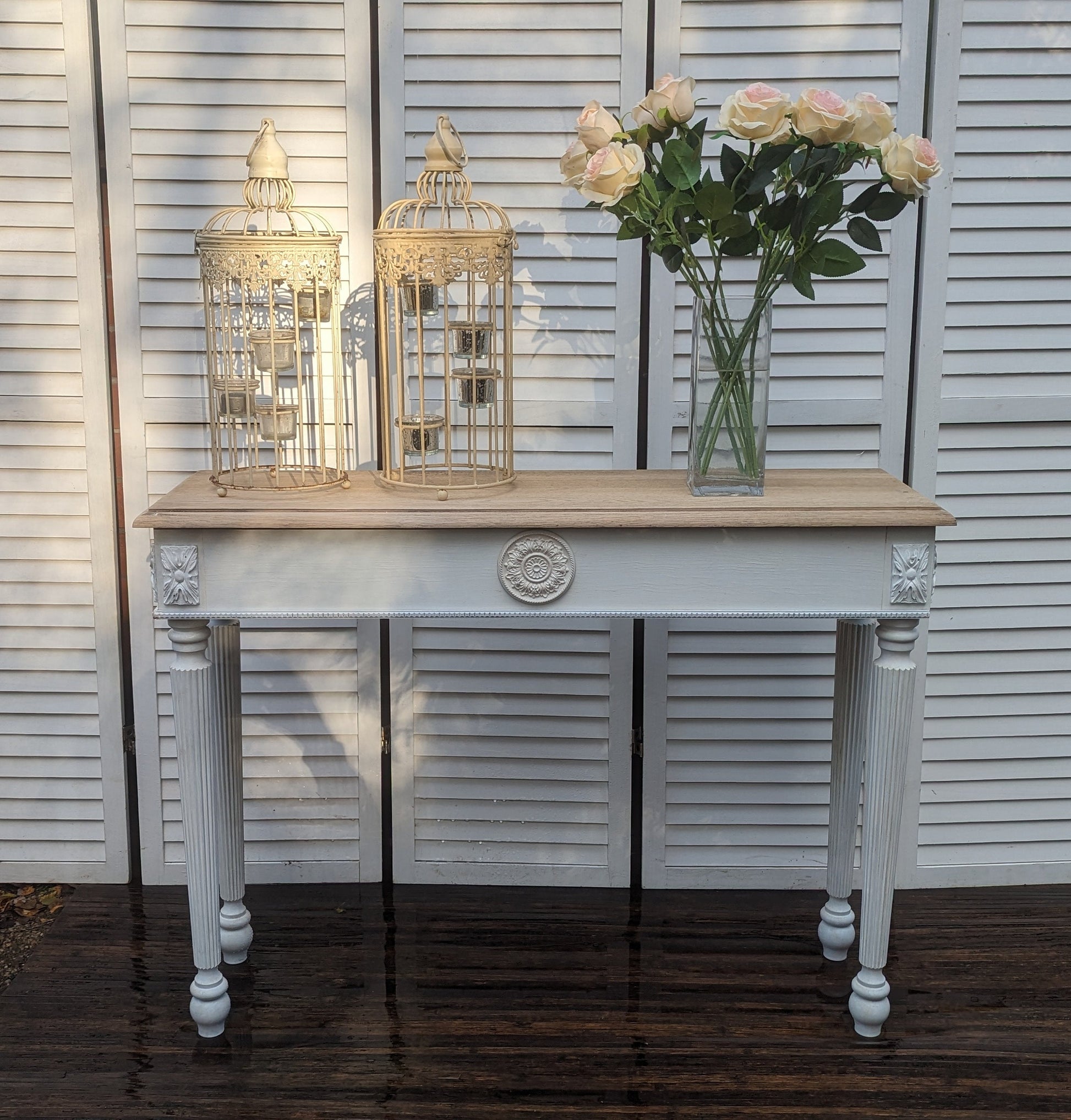 French style carved wooden console table distress finish, entry table, narrow table, dressing table. Vanity.