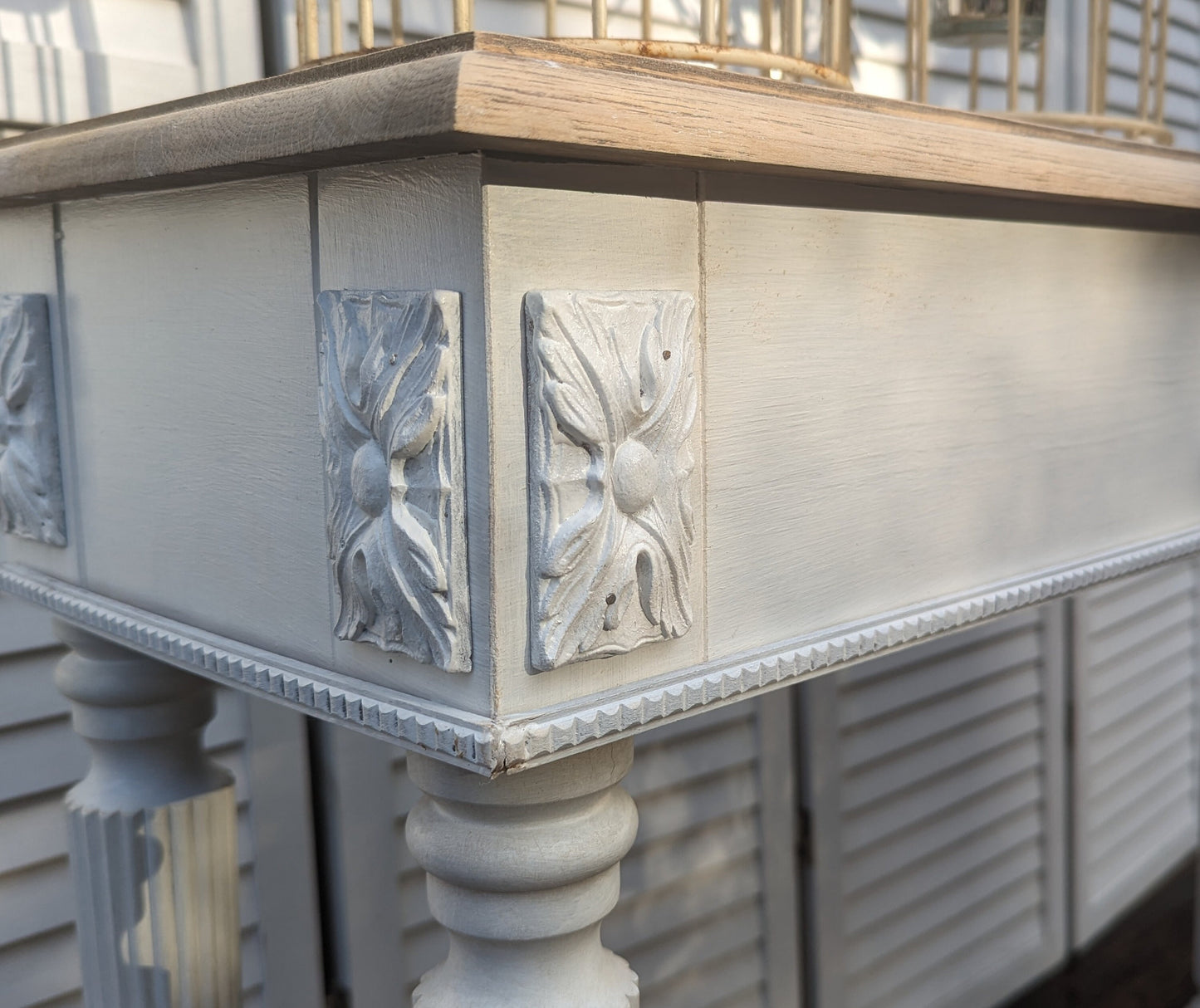 Classy, French, vintage style carved wooden console table, distress finish, entry table, narrow table, dressing table. Vanity. Shabby chic