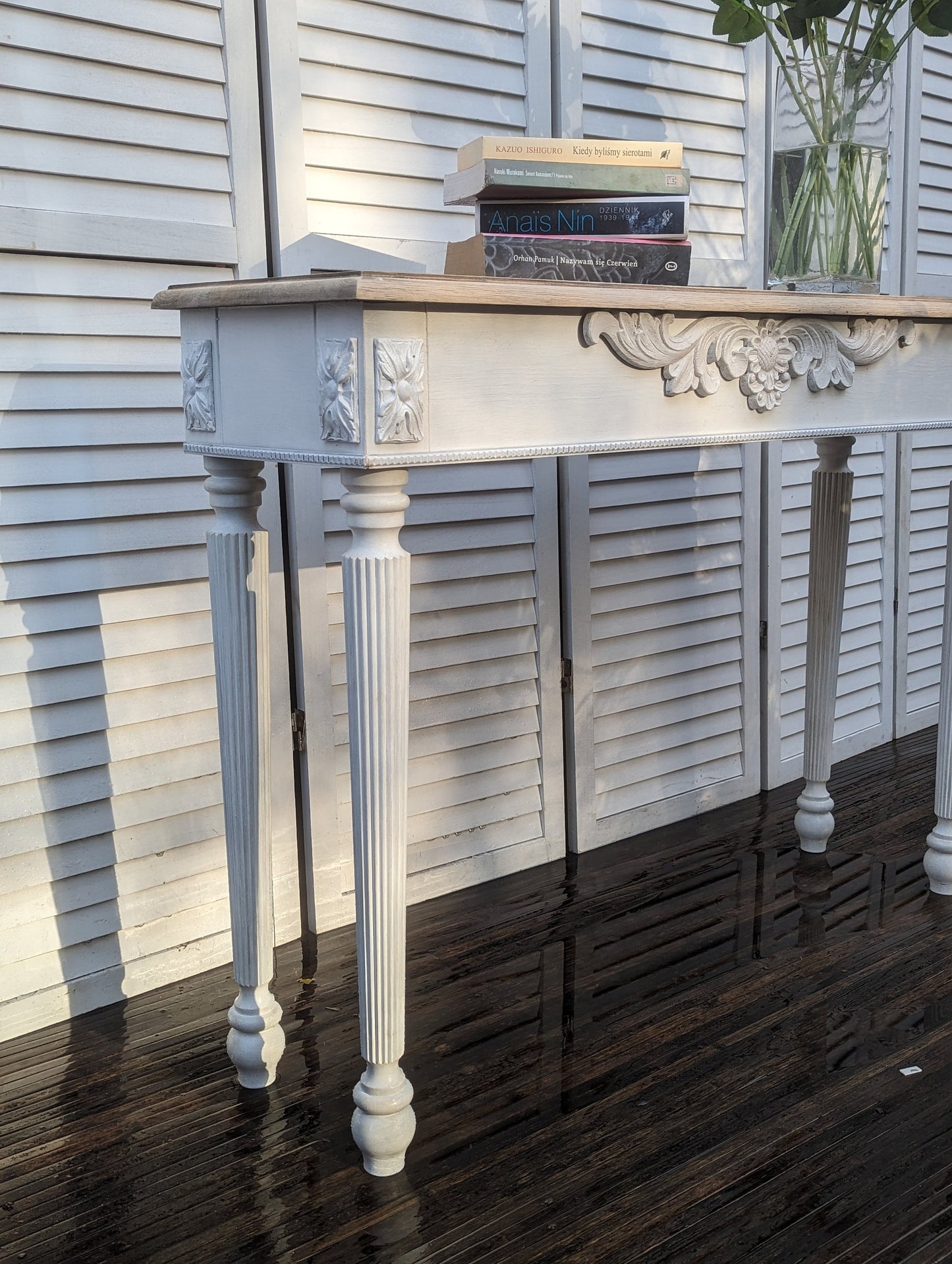 Classy, French, vintage style carved wooden console table, distress finish, entry table, narrow table, dressing table. Vanity. Shabby chic