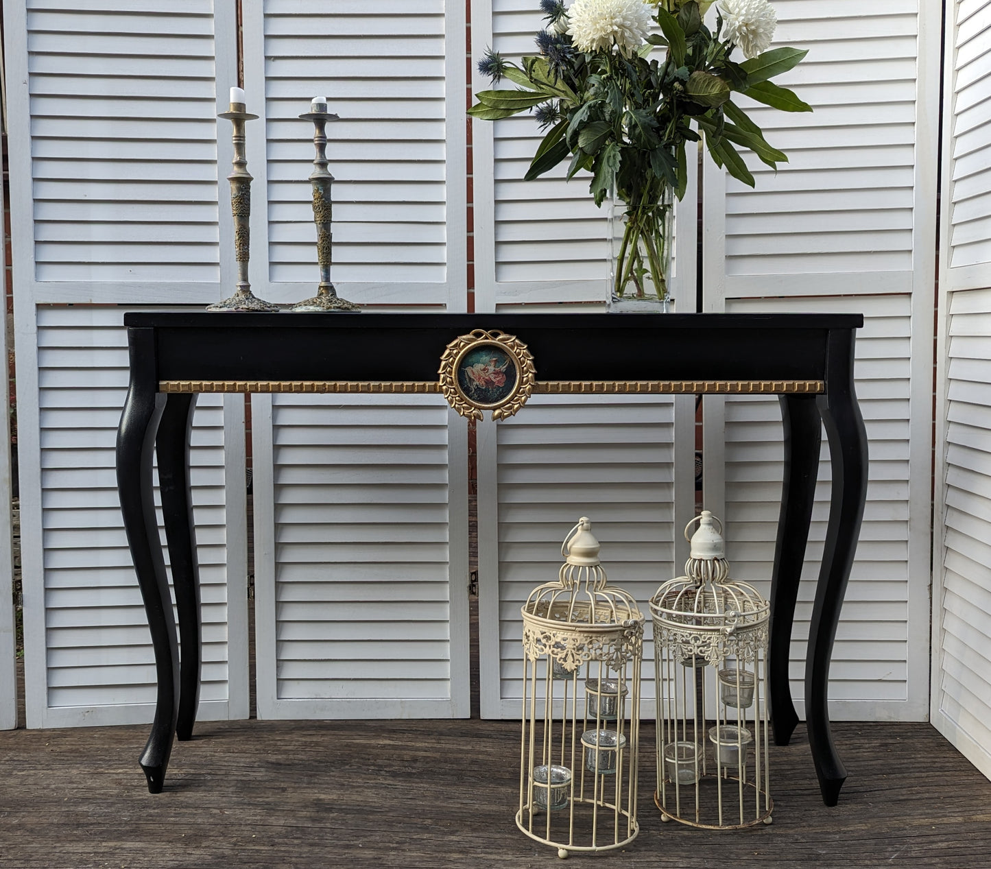 French style carved wooden desk, black finish, wooden desk, console, carved desk, gold ornaments