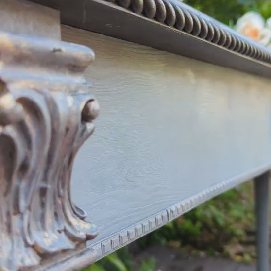 French style wooden console table distress finish, wooden console, carved console, ornaments, grey vintage console