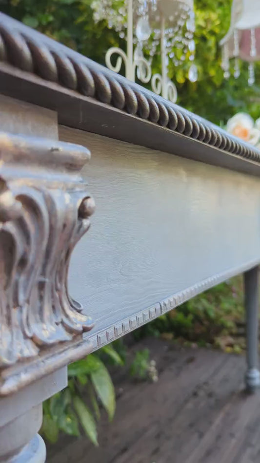 French style wooden console table distress finish, wooden console, carved console, ornaments, grey vintage console