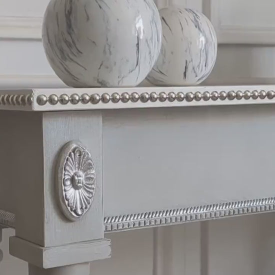 French style carved wooden console table  distress finish, Grey wooden console, carved console, silver ornaments