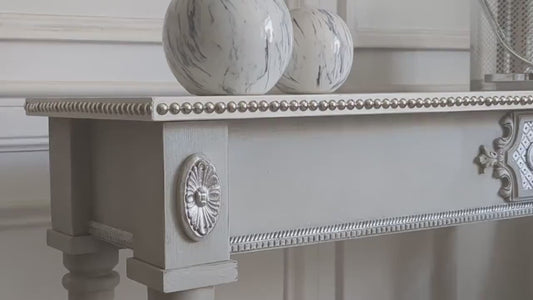 French style carved wooden console table  distress finish, Grey wooden console, carved console, silver ornaments