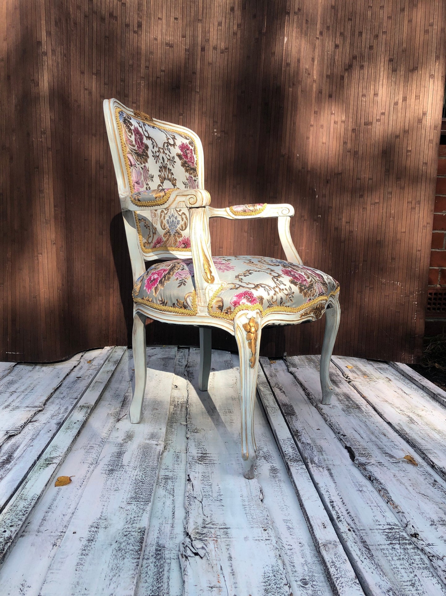 Lovely Vintage Chair. French & Flower. Beauty Brocade Fabric Damask Jacquard Embossed. French Style Boudoir Chair.