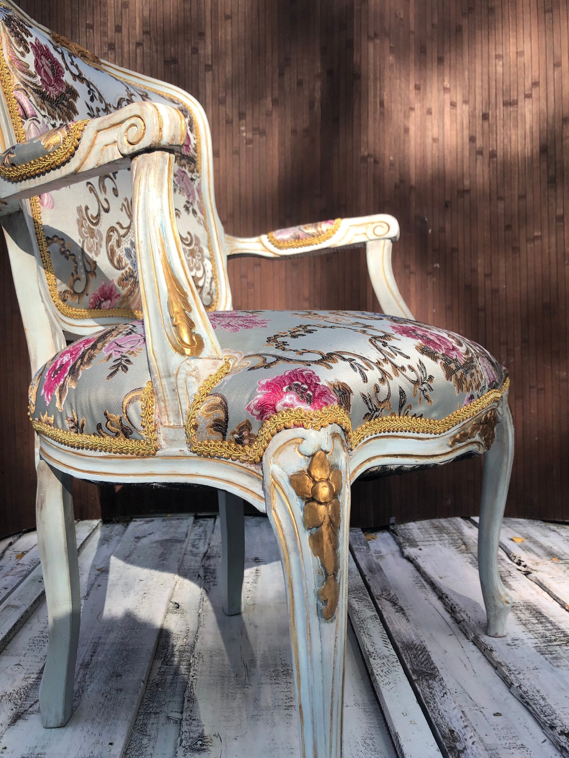 Lovely Vintage Chair. French & Flower. Beauty Brocade Fabric Damask Jacquard Embossed. French Style Boudoir Chair.