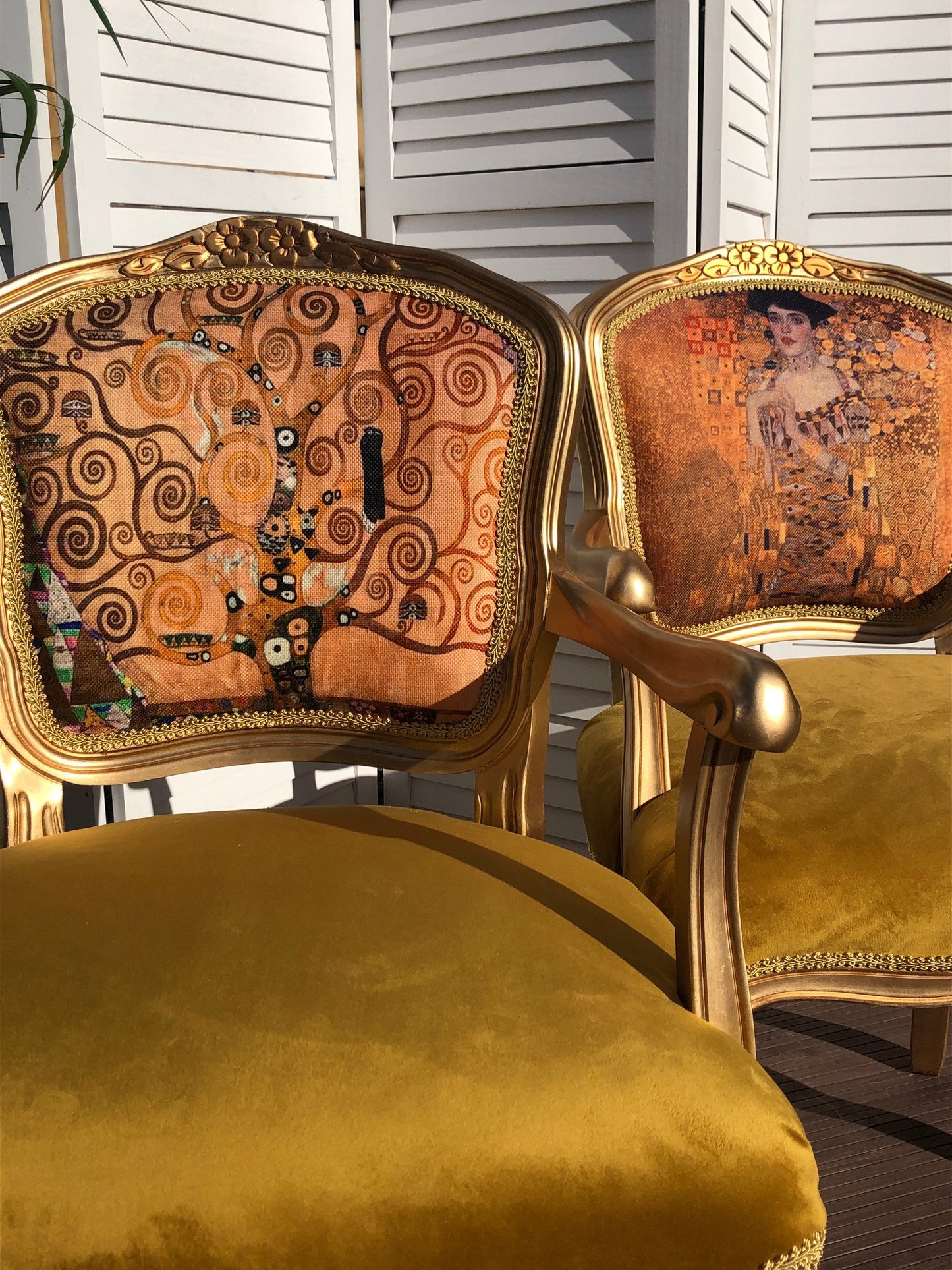 Gold Vintage Chair. Gustav Klim, „Adele” And „Tree of life”. Elegant, Oryginal, Indywidual.