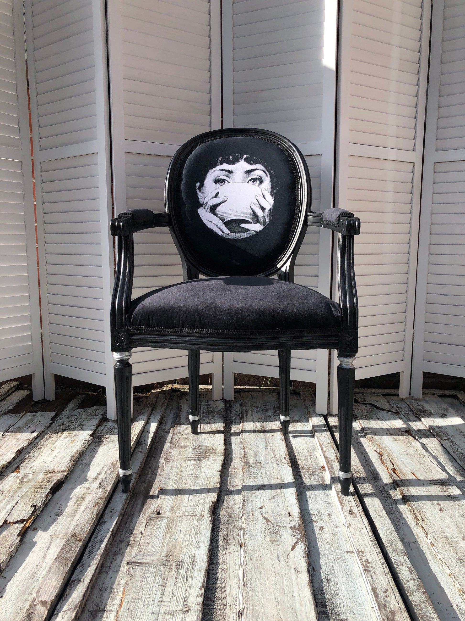 Fornasetti Vintage Chair. Lovely Black &White Chair. Buduoir.