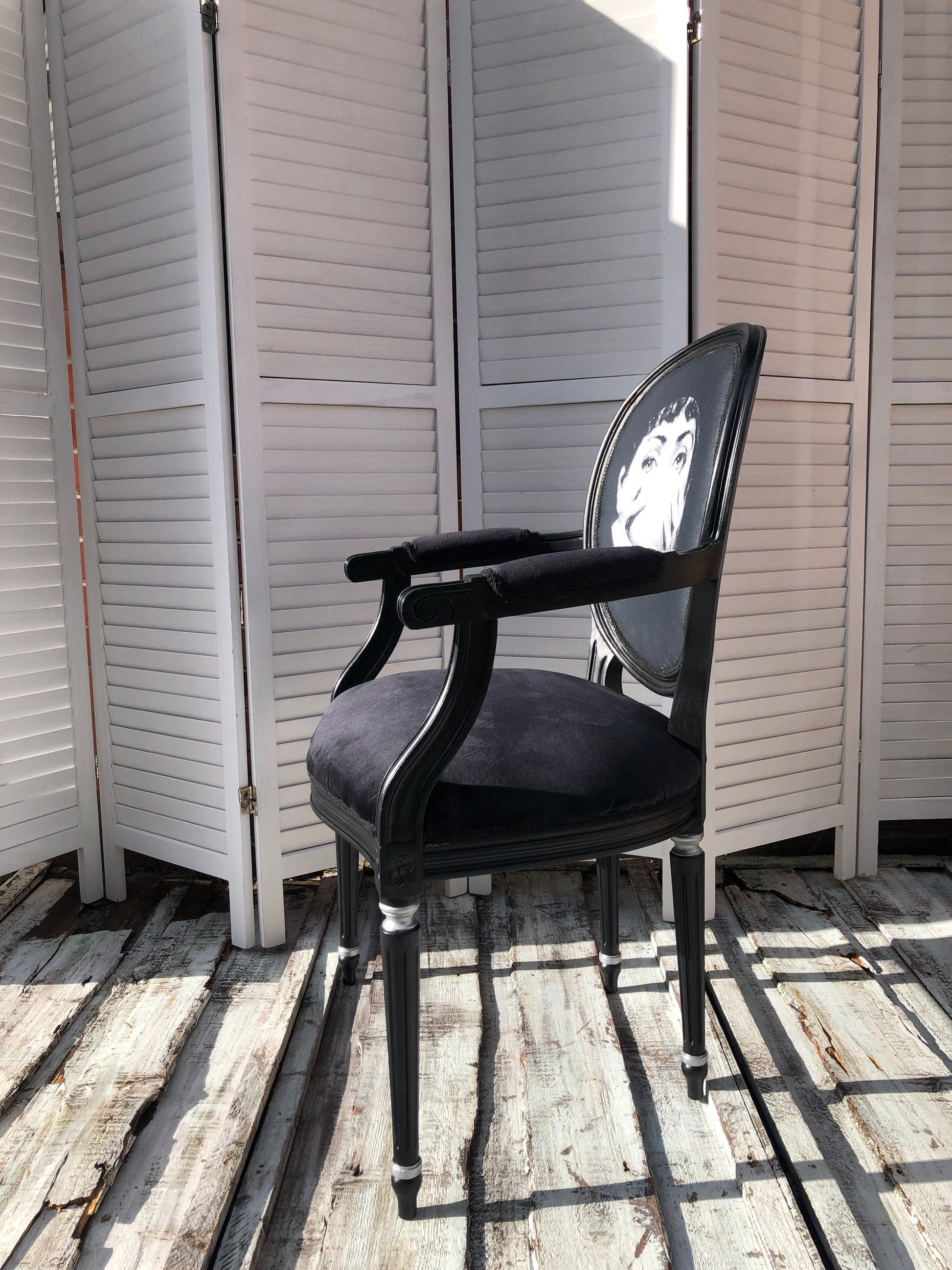 Fornasetti Vintage Chair. Lovely Black &White Chair. Buduoir.