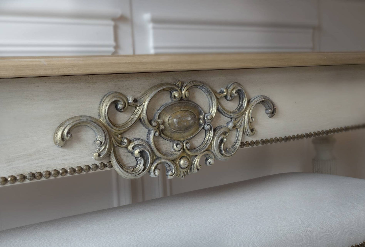 French style carved wooden console table white distress finish, White wooden console, carved console, gold ornaments