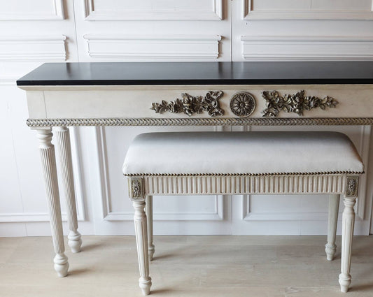 French style carved wooden console table white distress finish, White wooden console, carved console, gold ornaments