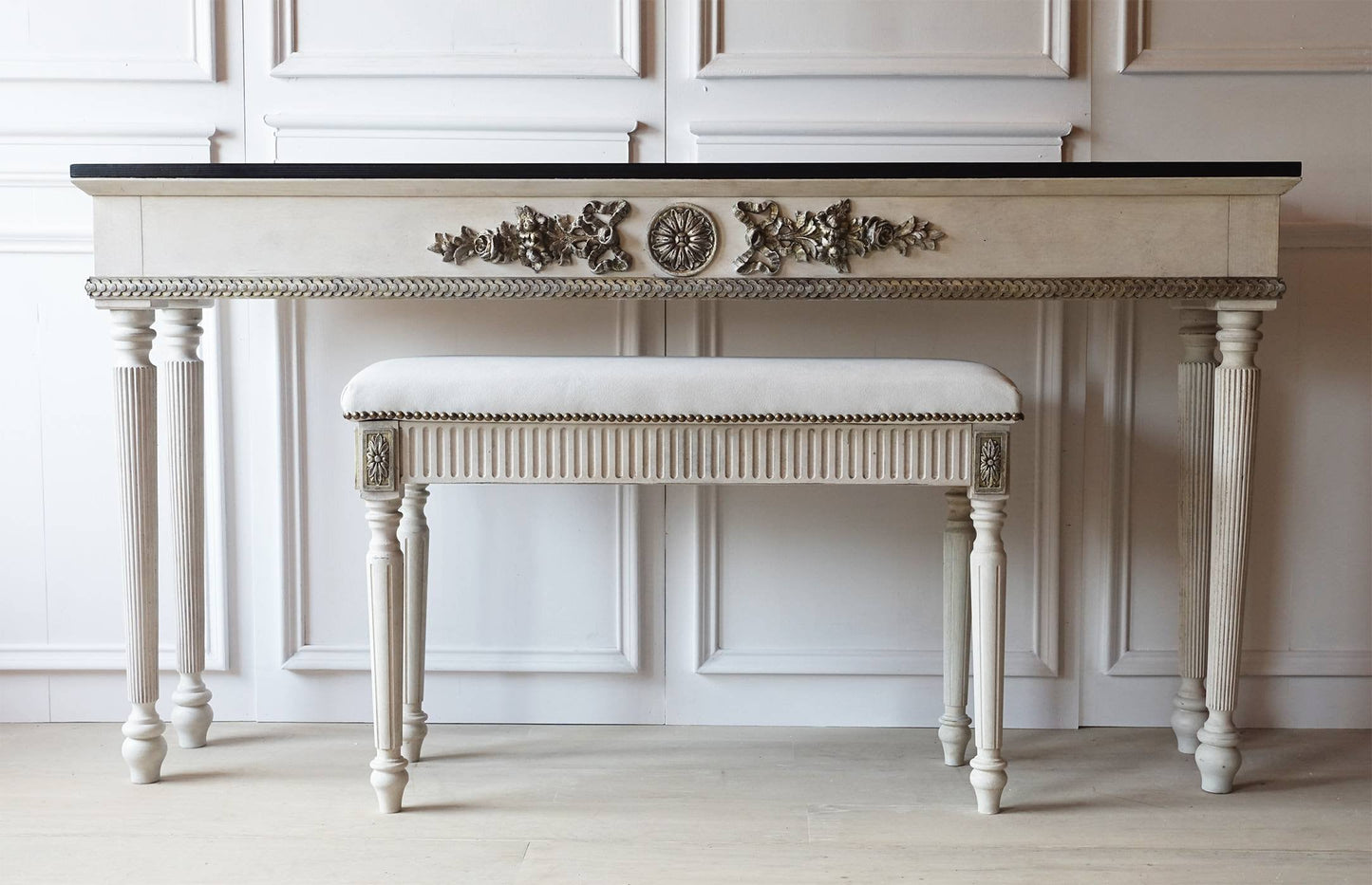 French style carved wooden console table white distress finish, White wooden console, carved console, gold ornaments