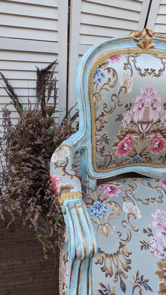 Lovely Vintage Chair. French & Flower. Beauty Brocade Fabric Damask Jacquard Embossed. French Style Boudoir Chair.