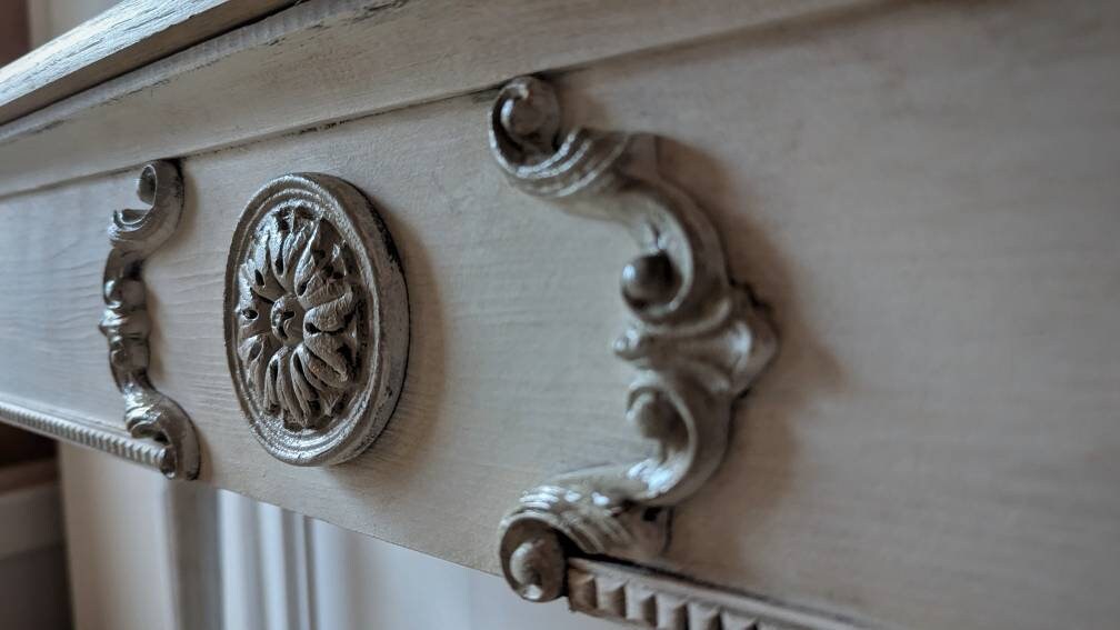 French style carved wooden White console table distress finish, wooden console, carved console, grey ornaments