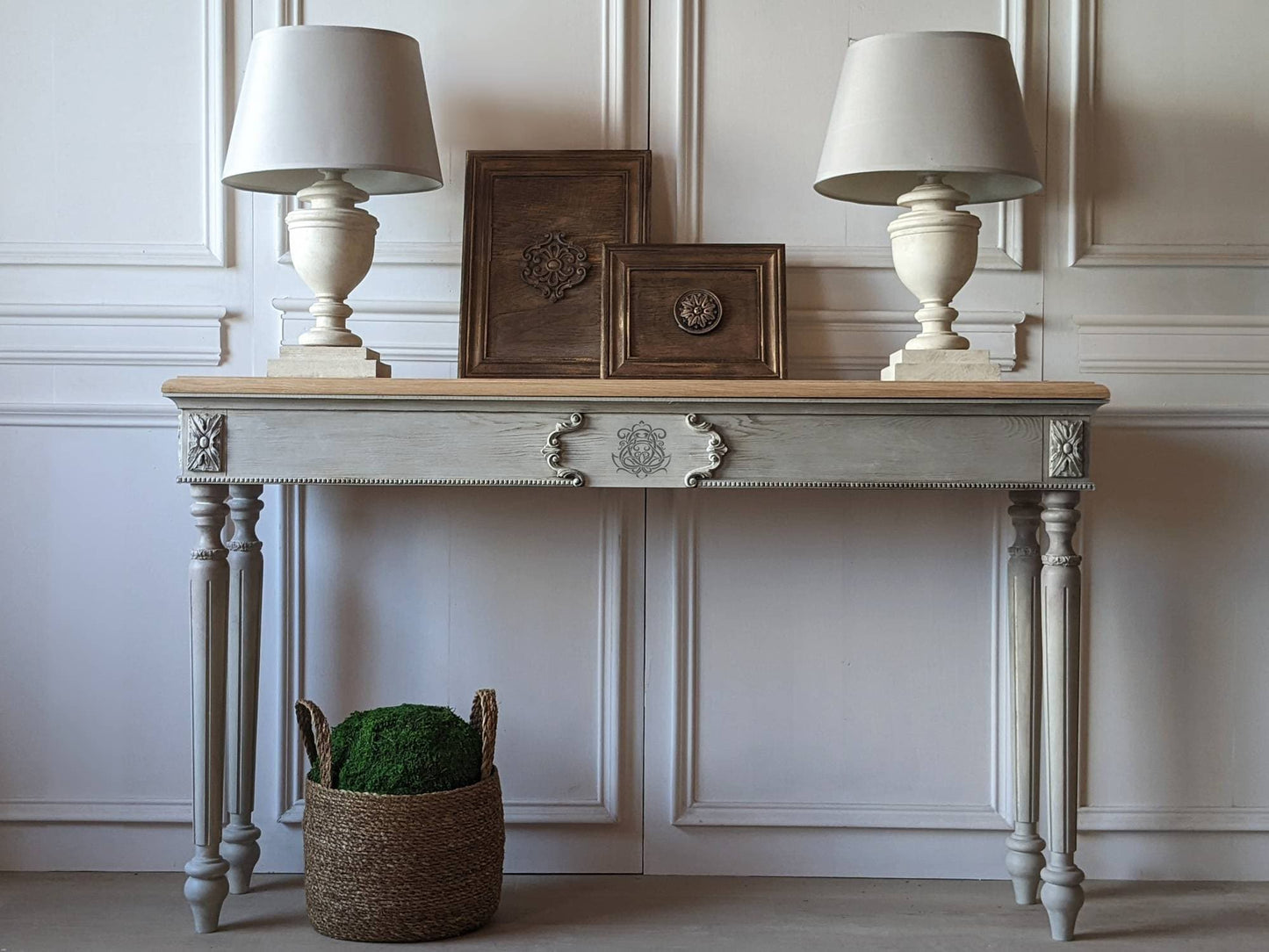 French style carved wooden console table distress finish, wooden console, carved console, ornaments