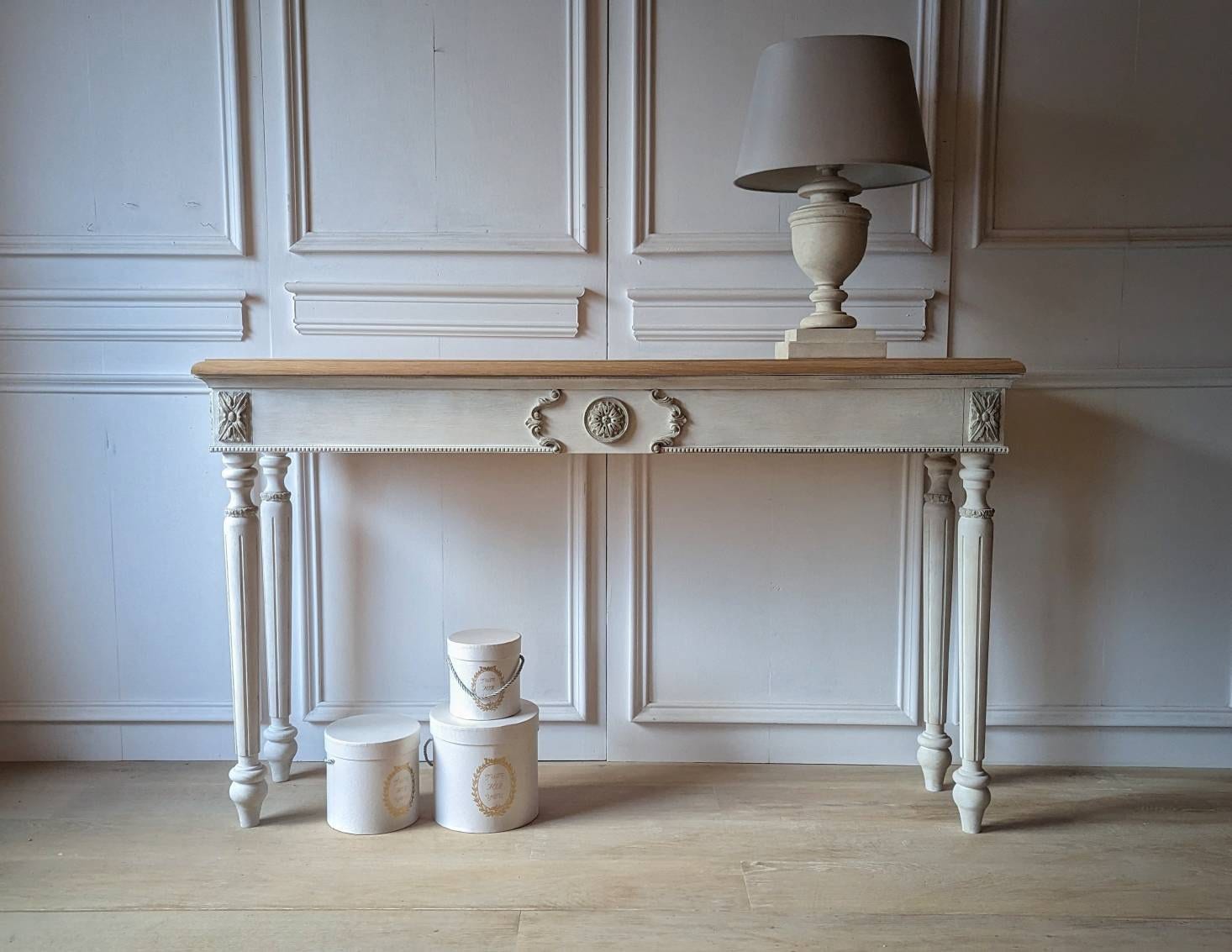 French style carved wooden White console table distress finish, wooden console, carved console, grey ornaments