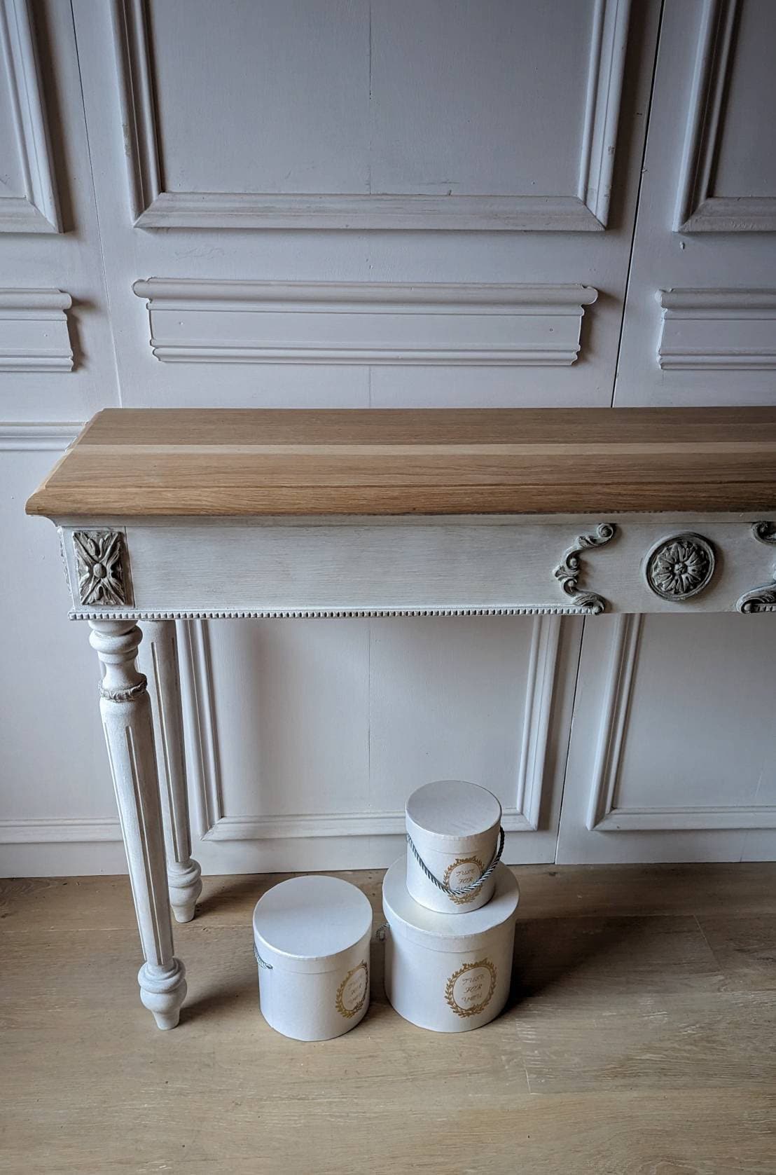 French style carved wooden White console table distress finish, wooden console, carved console, grey ornaments