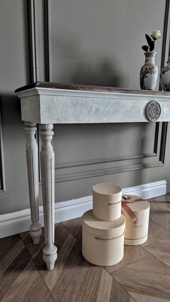 White French style carved wooden console table distress finish, wooden console, carved console, ornaments