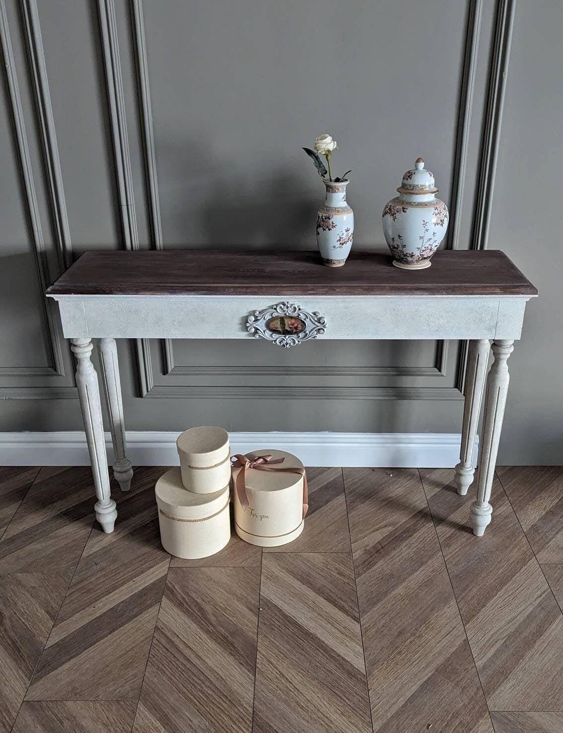 White French style carved wooden console table distress finish, wooden console, carved console, flowers ornaments