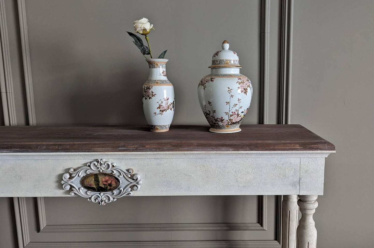 White French style carved wooden console table distress finish, wooden console, carved console, flowers ornaments