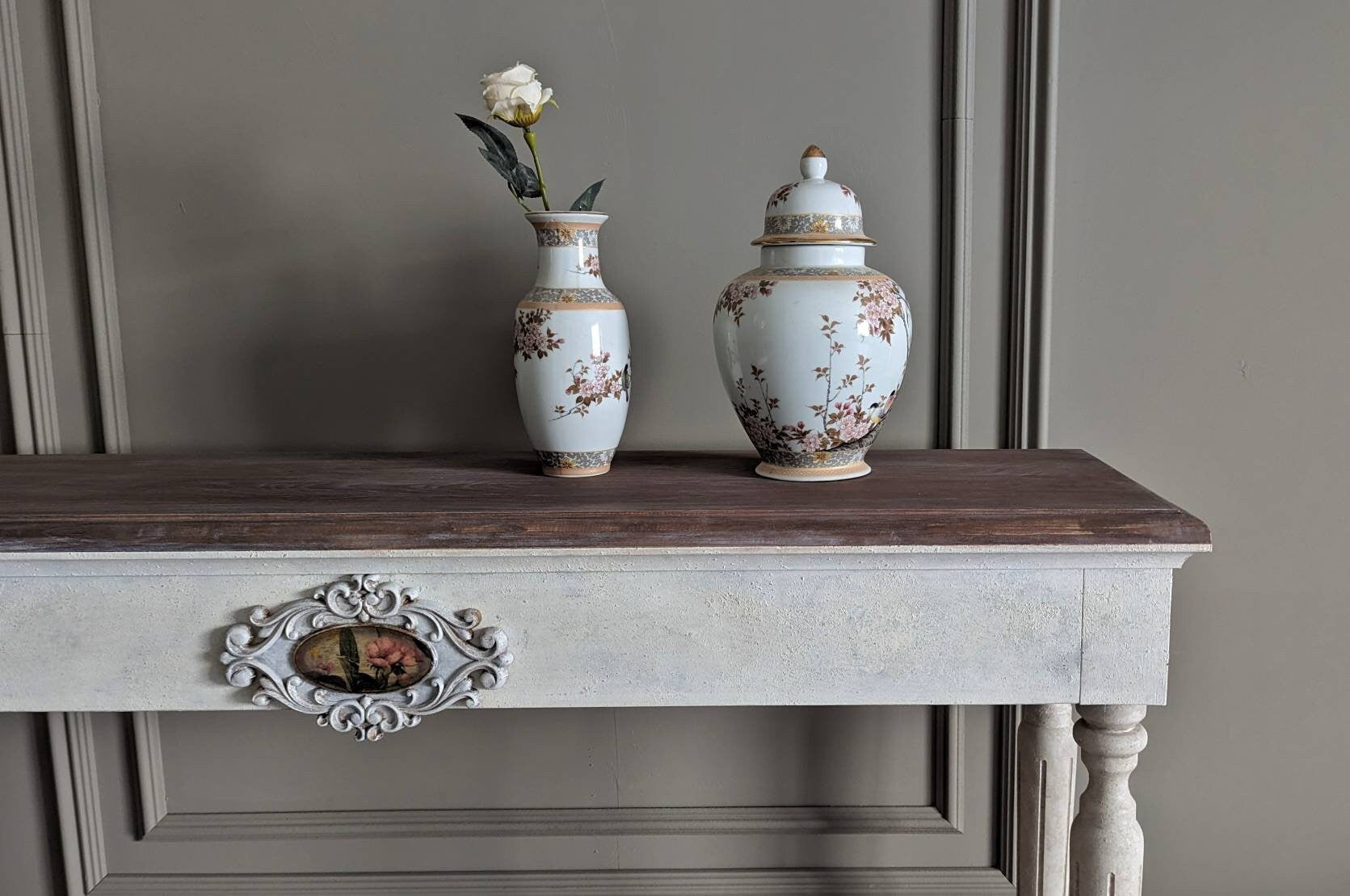 White French style carved wooden console table distress finish, wooden console, carved console, flowers ornaments