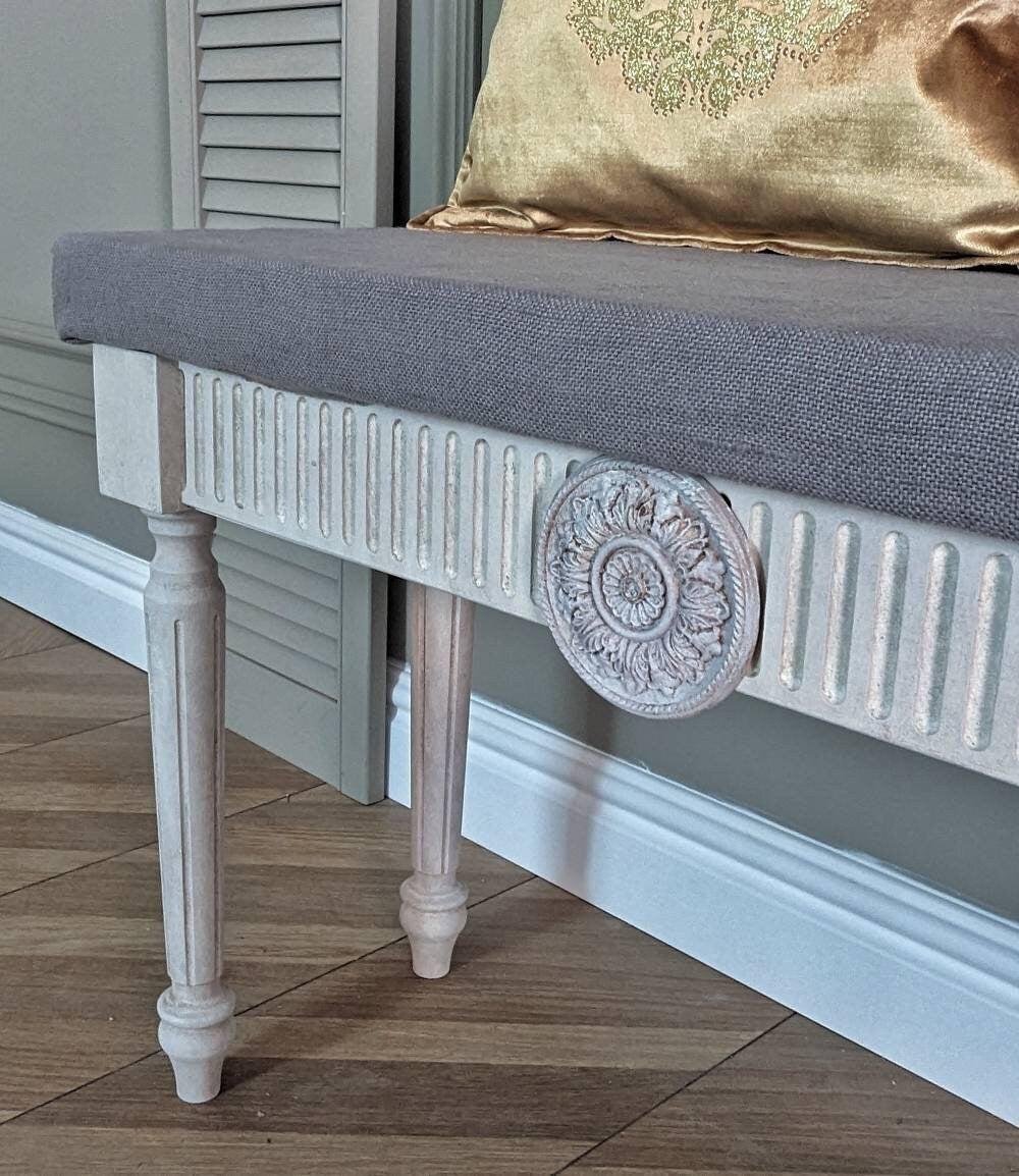 French style bench white distress finish, White wooden console, carved console, bedroom bench.