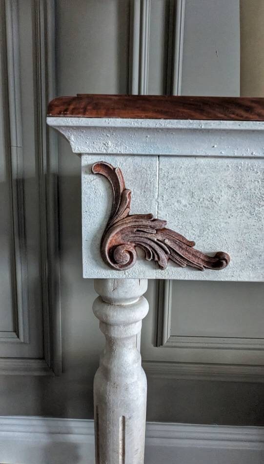 White French style carved wooden console table distress finish, wooden console, carved console, ornaments