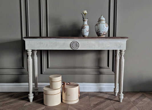 White French style carved wooden console table distress finish, wooden console, carved console, ornaments