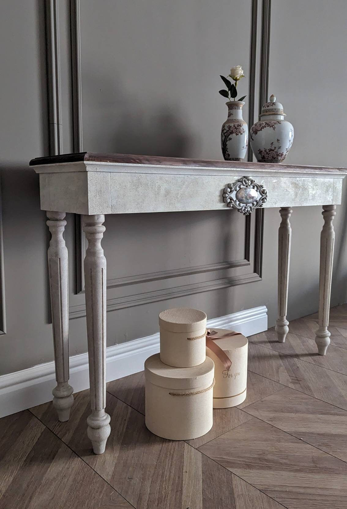 White French style carved wooden console table distress finish, wooden console, carved console, flowers ornaments