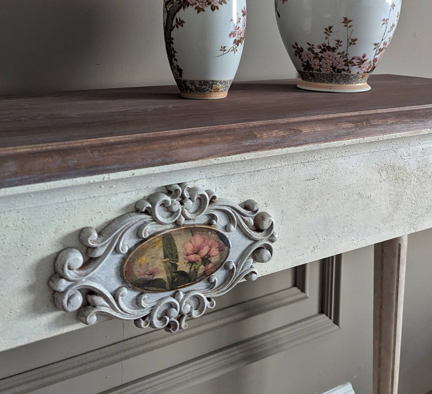 White French style carved wooden console table distress finish, wooden console, carved console, flowers ornaments