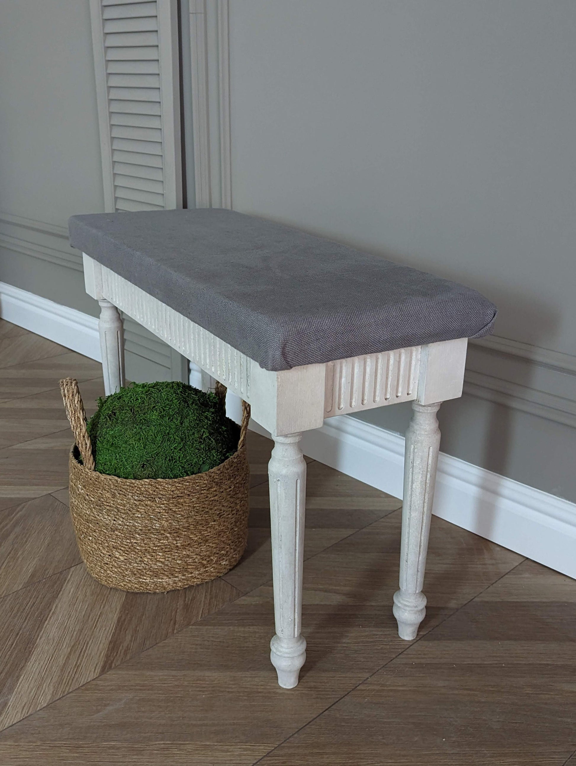 French style bench light grey distress finish, White wooden console, carved console, bedroom bench.