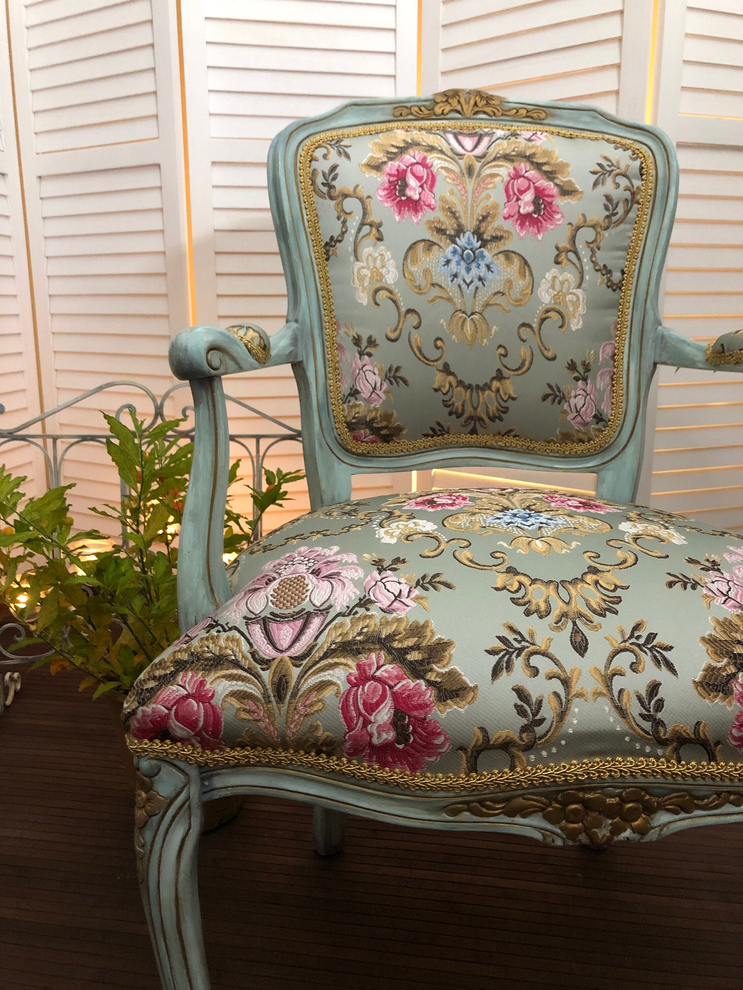 Lovely Vintage Chair. French & Flower. Beauty Brocade Fabric Damask Jacquard Embossed. French Style Boudoir Chair.