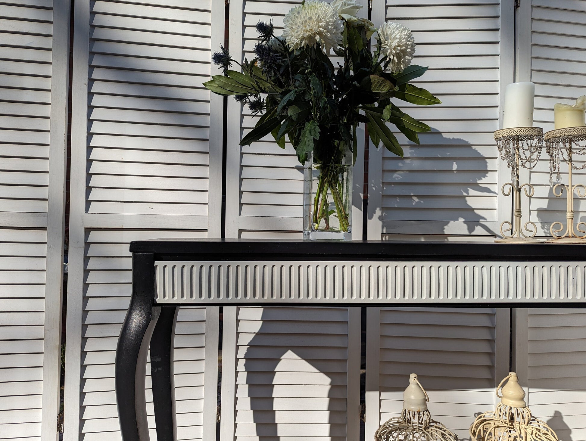 Black and white French style carved wooden console table, narrow table, vintage, vanity, dressing, ornaments, shabby chic style.