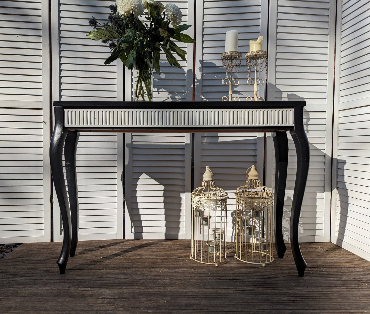 Black and white French style carved wooden console table, narrow table, vintage, vanity, dressing, ornaments, shabby chic style.