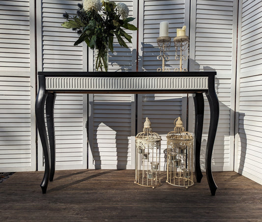 Black and white French style carved wooden console table, narrow table, vintage, vanity, dressing, ornaments, shabby chic style.